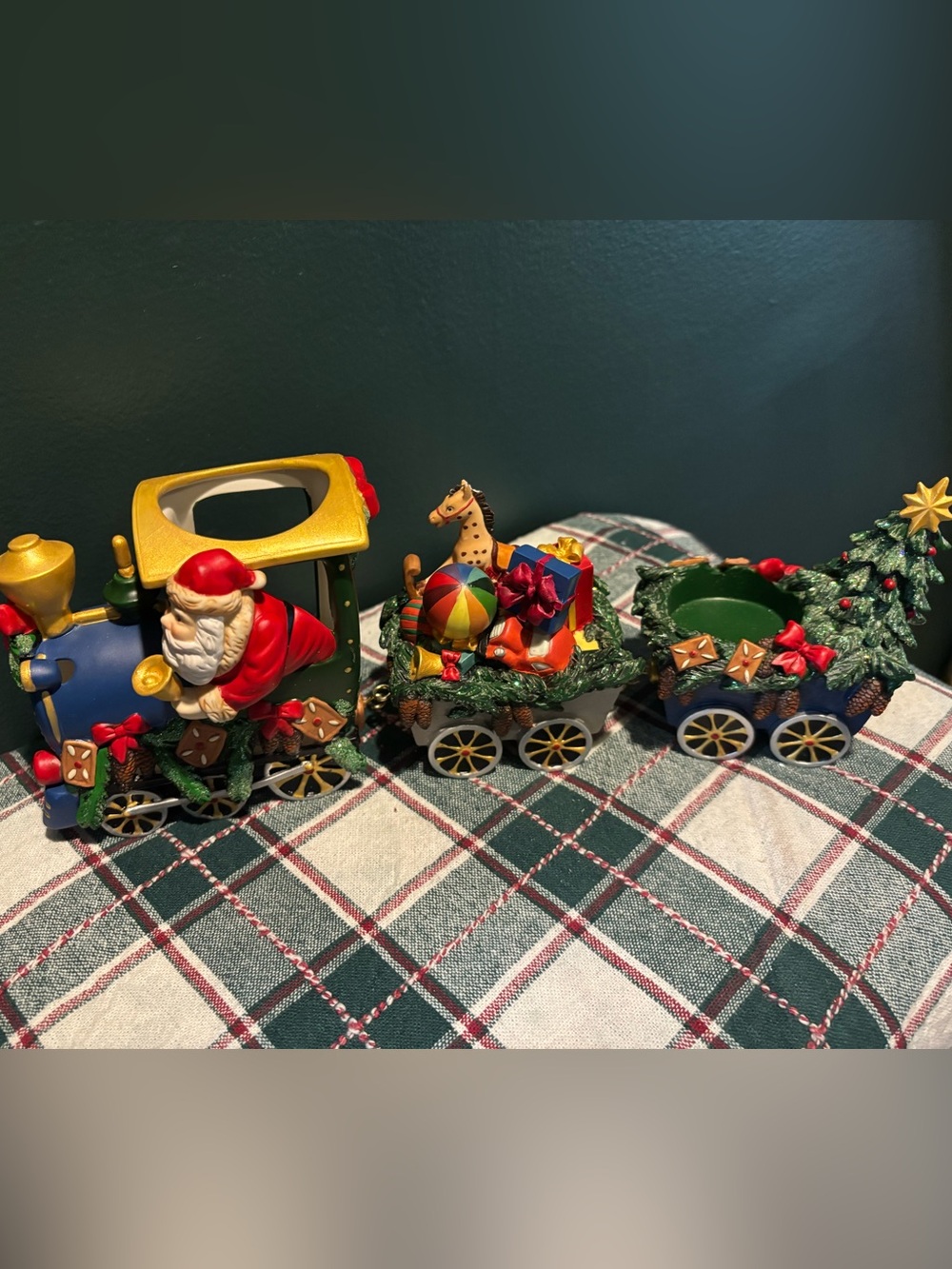 Retired 3pc Partylite Santa Train Tea Light Holder with Colorful Toy Carriages